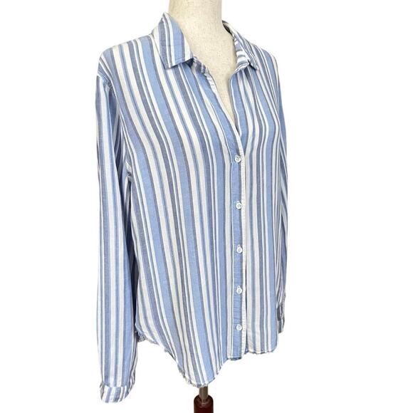 Bella Dahl Linen Blend Fringe Shirt Button Up Women’s Sz M Blue White Stripes - Picture 4 of 9